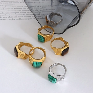 Vintage Edelstahl Quadratischer Tigerauge Stein Ring Für Damen 18K Vergoldet Malachit Optik Naturstein Grober Ring
