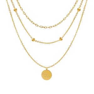 Three-layer gold titanium steel necklace featuring a Good Luck round pendant and beads