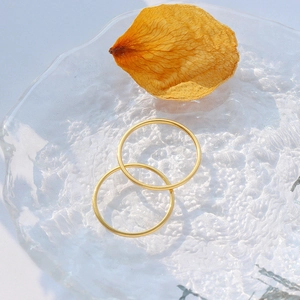 Coppia di anelli minimalisti in acciaio al titanio placcati oro 18k su vassoio in vetro