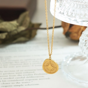 French style gold compass coin pendant necklace on minimalist metal chain jewelry