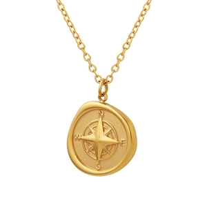 Collier médaille boussole de style français en acier titane doré pour femmes