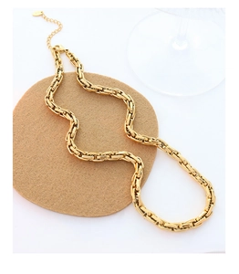 Detail of 18k gold plated chunky chain necklace with rectangular links and S925 logo tag