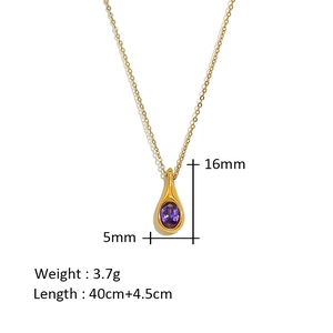 Detailed view of 18K gold plated necklace with 16x5mm purple teardrop pendant specs