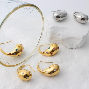 Luxurious 18K hollow teardrop earrings with colorful zircons and pearls on stone decor
