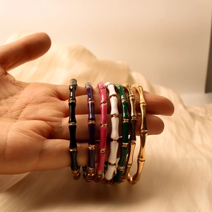 Bamboo style 18K gold plated titanium steel bangles set with colorful enamel finish
