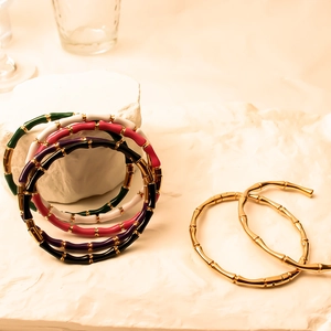 Bamboo style 18K gold plated titanium steel bracelets with colorful enamel inlay