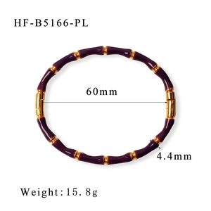 Detail showing dimensions of 60mm diameter bamboo style purple enamel gold plated bangle
