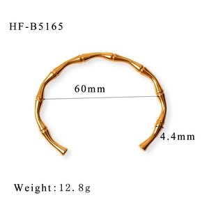 Detail view of 18K gold plated bamboo link bangle showing 60mm diameter and 12.8g weight