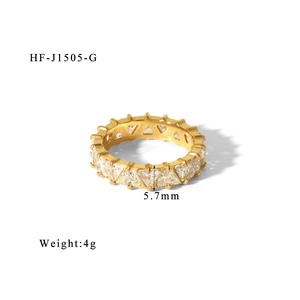 Detail showing 5.7mm width and 4g weight of eternity ring with triangle zircons