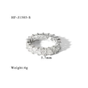 Detail view of 5.7mm wide eternity ring with triangle cut cubic zirconia stones