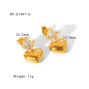 Detail view of 18K gold plated heart earrings with measurements and cubic zirconia