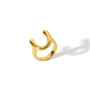 Detailed close-up of 18k gold-plated stainless steel ring with U-shaped geometric design