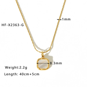 Detail of 18K gold stainless steel square white shell pendant necklace showing 8.3mm size