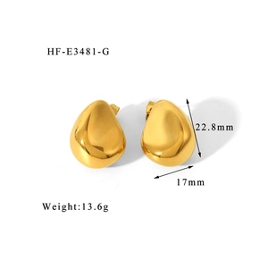 Detailed view of teardrop gold earrings with dimensions 22.8mm by 17mm and 13.6g weight