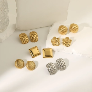 Set of six stylish geometric and floral earrings in gold and silver stainless steel finish