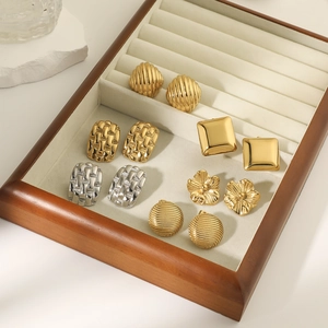 Vintage 18k gold plated stainless steel stud earrings in geometric and floral shapes