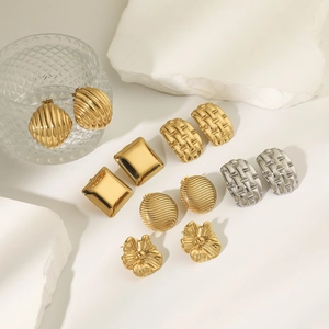 Detailed set of six 18k gold and silver plated earrings with geometric shell and floral designs