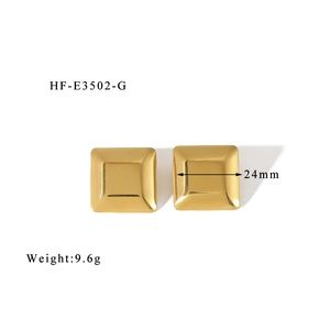 Detailed close-up of gold square stud earrings with 24mm width and polished finish