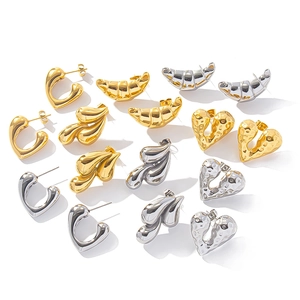 Golden and silver stainless steel earring set with heart, croissant, and teardrop designs