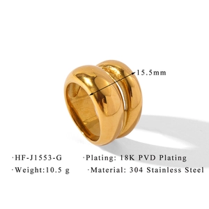Dettaglio dell'anello a doppio strato placcato oro 18K con specifiche in acciaio inox 304