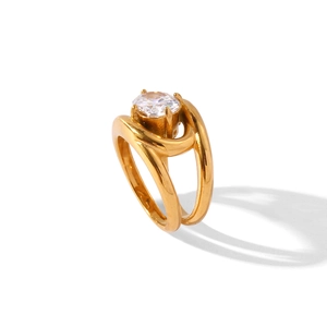 18K gold plated titanium steel ring with double oval bands and large zircon stone
