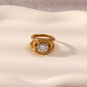Detailed top view of 18K gold plated double-band ring with oval cubic zirconia stone