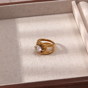 Top view of 18K gold plated ring with double hollow bands and large round cubic zirconia