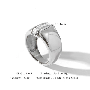 Macro detail of silver stainless steel ring with rectangular zircons and 13.4mm width