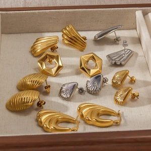 Boucles d'Oreilles Acier Inoxydable Plaqué Or 18K Vintage Géométrique Plis Coquillage Strass Pour Femme Bijoux