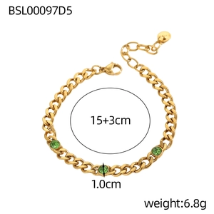Detail of 18K gold plated Cuban link bracelet with green birthstones and size markers