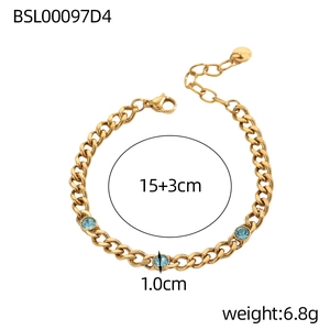 Detail view of gold Cuban chain bracelet with three blue crystals and specifications