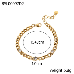 Detail view of gold Cuban link bracelet with clear cubic zirconia and lobster clasp