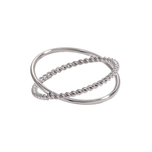 Minimalist silver double layered cross ring with twisted and smooth stainless steel bands