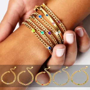PVD 18K Gold Plated Stainless Steel Cuban Link Bracelet Colorful Rhinestone Birthstone Adjustable Jewelry For Women
