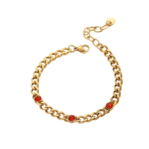 Cuban chain bracelet in 18K gold plated stainless steel with red round gemstones