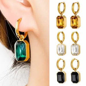 Roestvrij Staal PVD Verguld Zirkonia Druppel Oorbellen Voor Vrouwen Vintage Geometrische Smaragd Barnsteen Spiegel Slijpvorm Sieraden