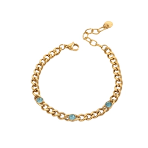 18K gold plated Cuban link bracelet with three light blue round crystals and lobster clasp