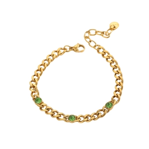 18K gold plated Cuban link bracelet with green birthstones and adjustable lobster clasp