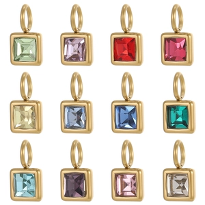 Pendentifs carrés en acier inoxydable doré 18K PVD avec douze pierres de naissance