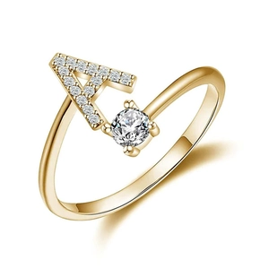 Bague réglable en acier titane doré avec lettre A scintillante et pierre en zircone