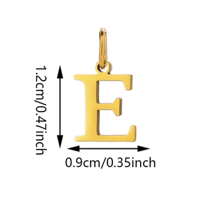 Polished gold letter E pendant detail showing 1.2cm height and 0.9cm width dimensions