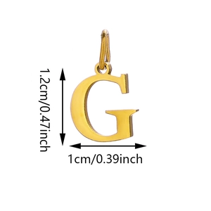 Detail showing gold letter G pendant dimensions 1.2cm height and 1cm width in vacuum plating