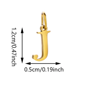 Detail view of gold titanium steel letter J pendant with precise size measurements