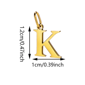 Close-up of golden stainless steel letter K charm with size dimensions 1.2cm by 1.0cm