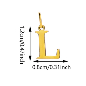Detailed view of gold plated stainless steel letter L pendant with precise measurements