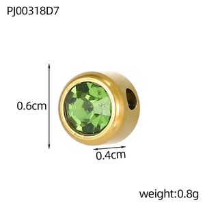 Detailed view of a green rhinestone bead with gold plating and specific dimensions