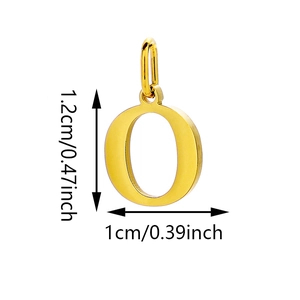 Macro detail of gold-plated letter O pendant showing 1.2cm height and 1cm width dimensions