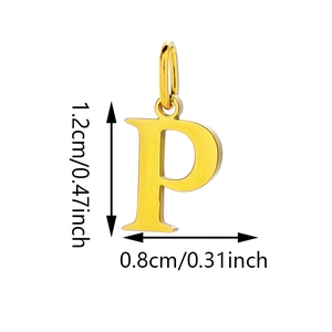 Macro shot of gold stainless steel P letter pendant with height and width dimensions