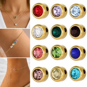 Stainless Steel Round Birthstone Charms Inlaid Rhinestone DIY Jewelry Accessories For Necklace Bracelet Making Minimalist