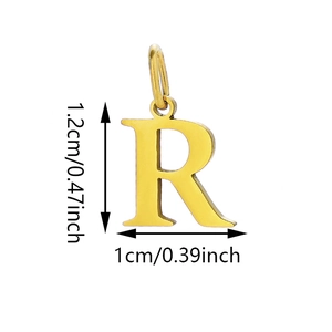 Macro detail of gold-plated stainless steel letter R pendant with size measurements